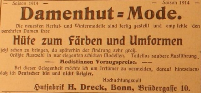 Anzeige im General-Anzeiger vom 18. August 1914