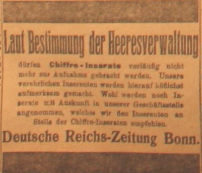 Anzeige in der Deutschen Reichszeitung vom 19. August 1914