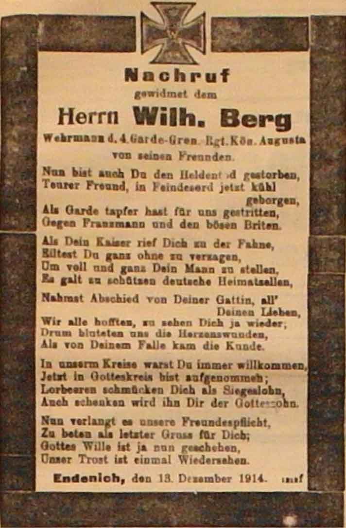 Anzeige in der Deutschen Reichs-Zeitung vom 13. Dezember 1914