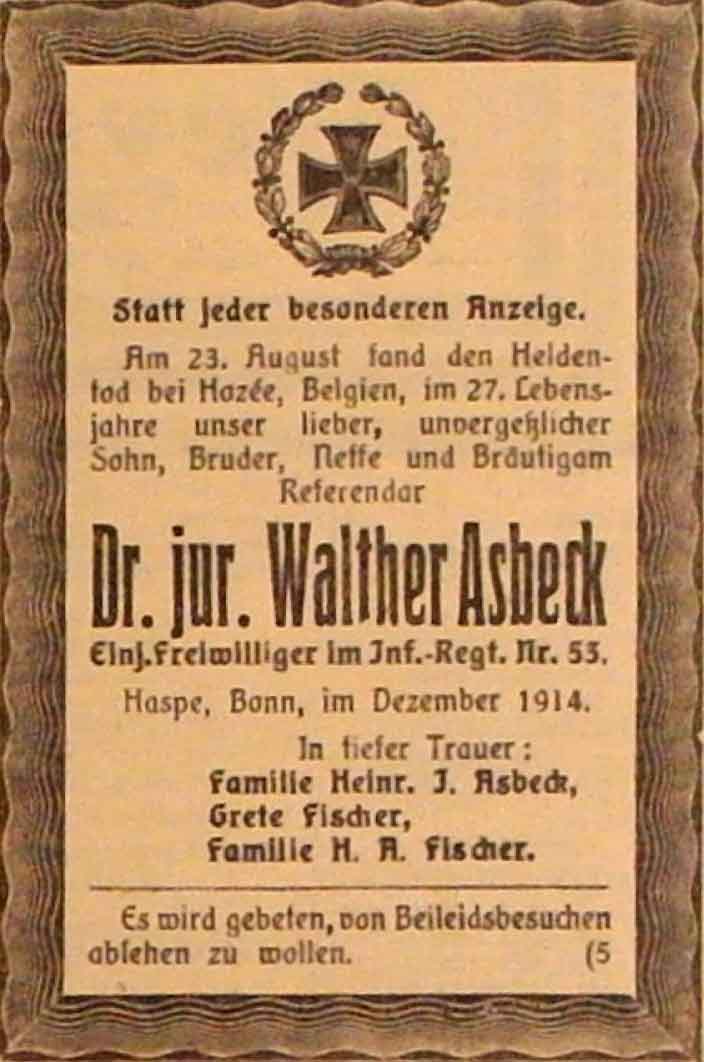 Anzeige im General-Anzeiger vom 18. Dezember 1914