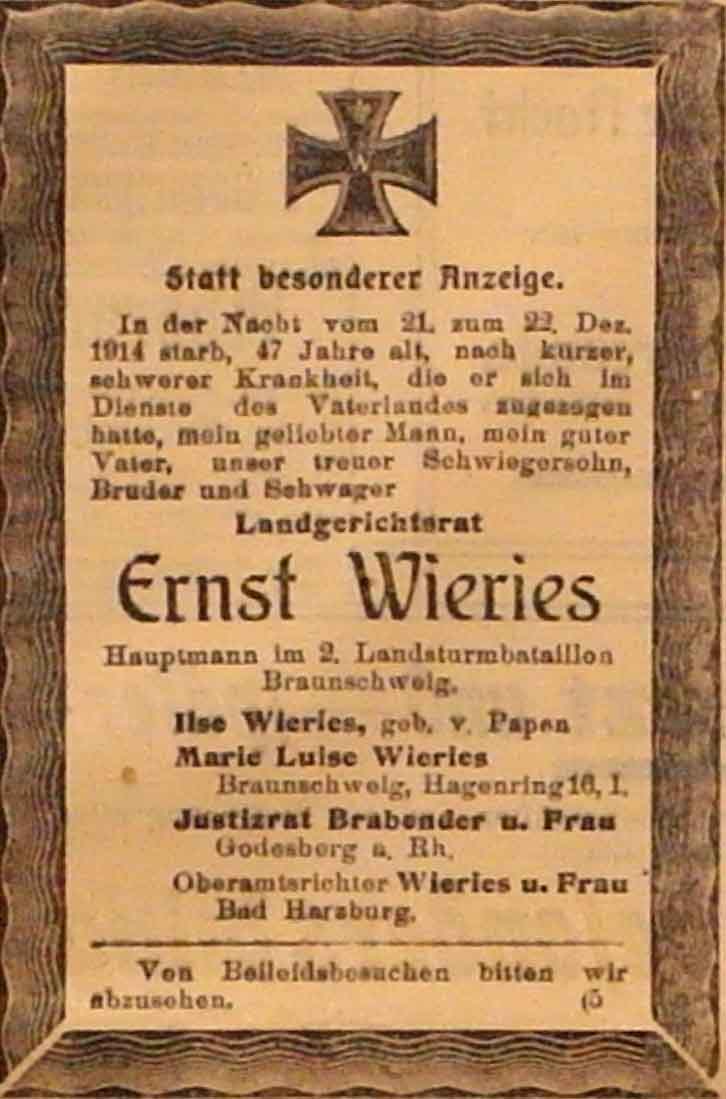 Anzeige im General-Anzeiger vom 25. Dezember 1914