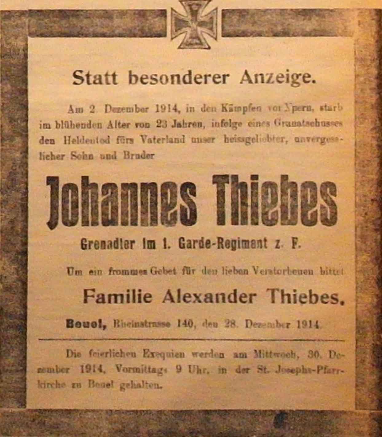 Anzeige in der Deutschen Reichs-Zeitung vom 28. Dezember 1914