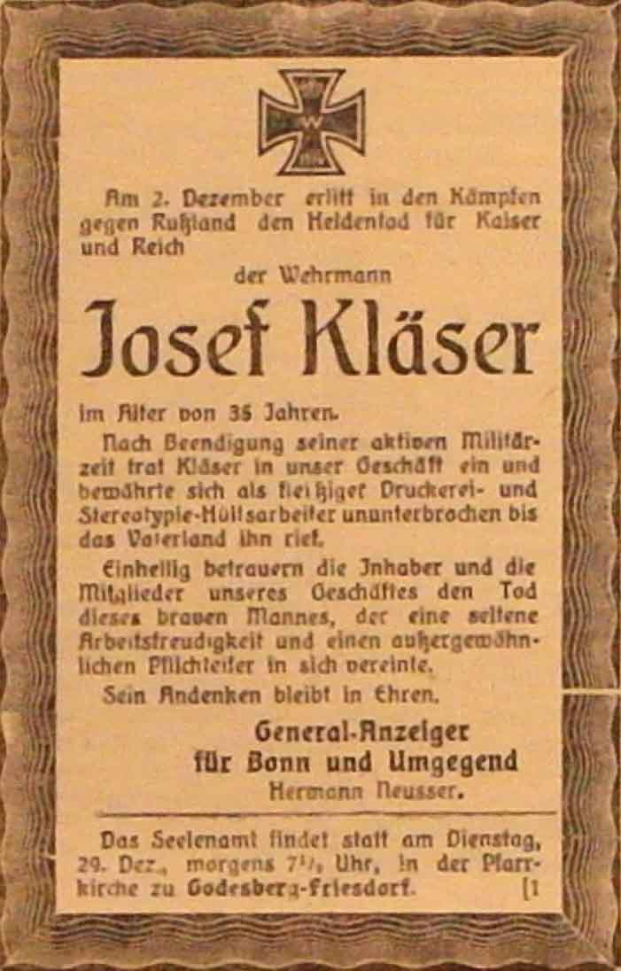 Anzeige im General-Anzeiger vom 28. Dezember 1914