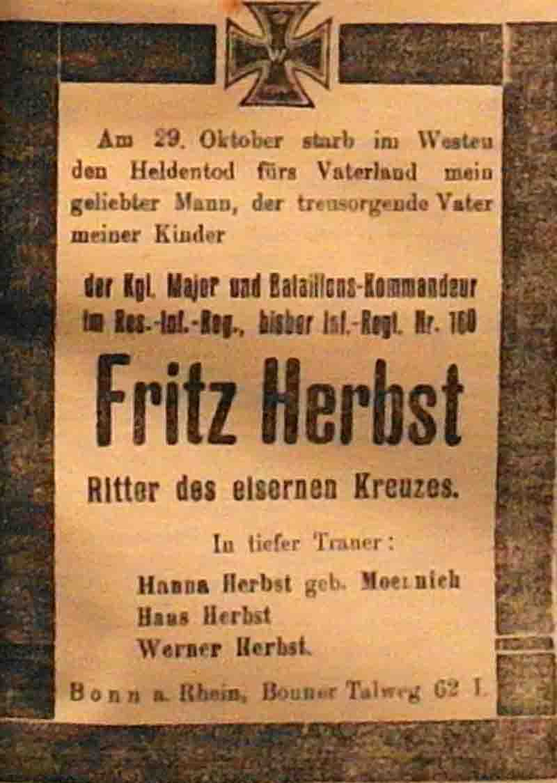 Anzeige in der Deutschen Reichs-Zeitung vom 2. November 1914
