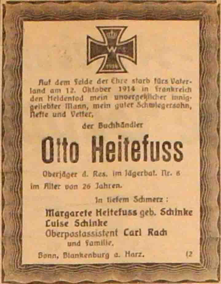 Anzeige im General-Anzeiger vom 3. November 1914