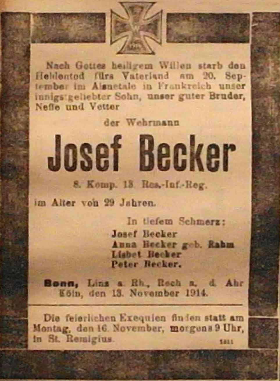 Anzeige in der Deutschen Reichs-Zeitung vom 13. November 1914