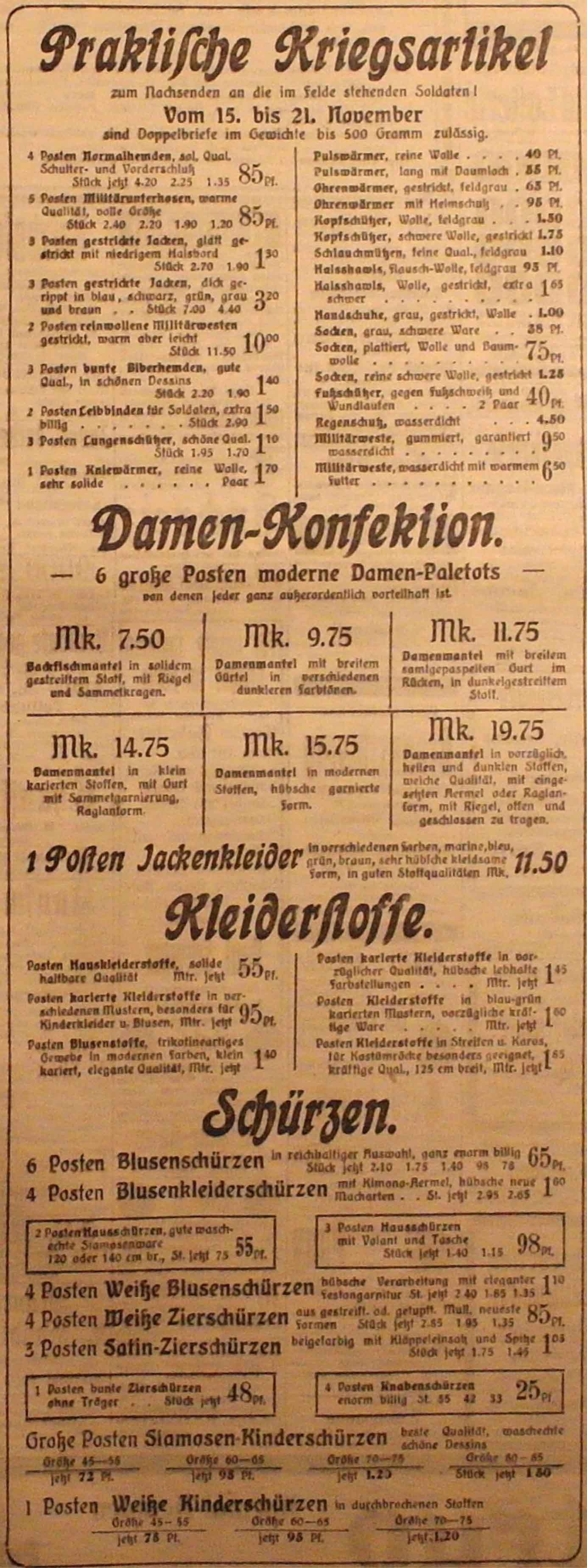 Anzeige der Firma Blömer im General-Anzeiger und in der Deutschen Reichs-Zeitung am 15. November 1914
