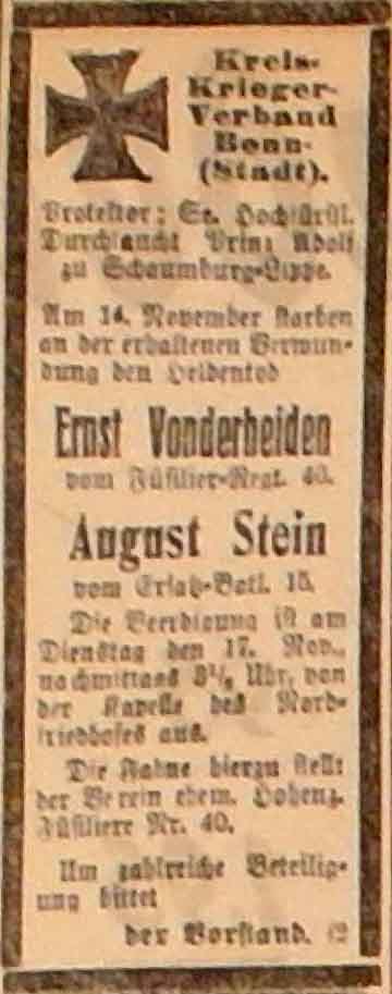 Anzeige im General-Anzeiger vom 16. November 1914