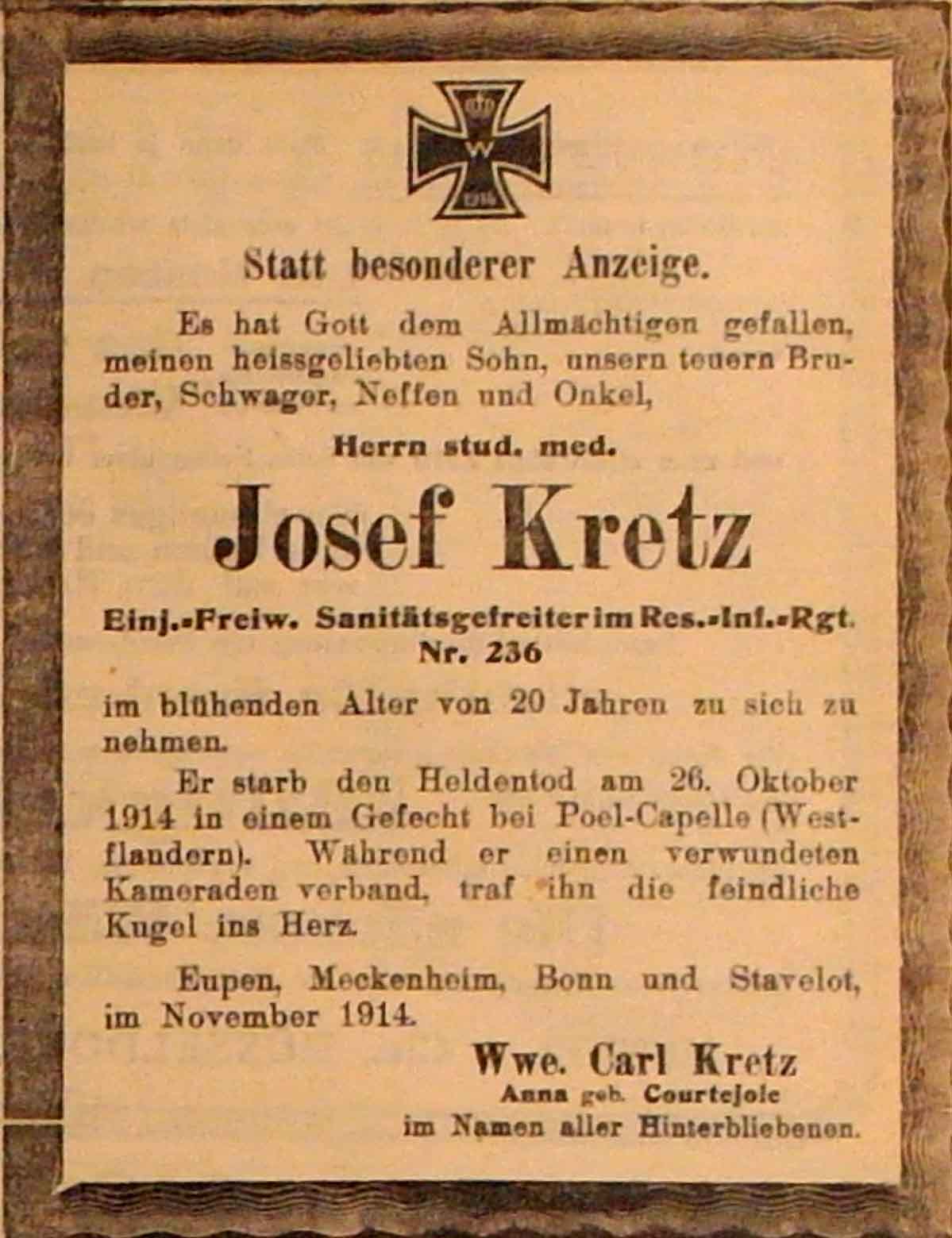 Anzeige im General-Anzeiger vom 17. November 1914