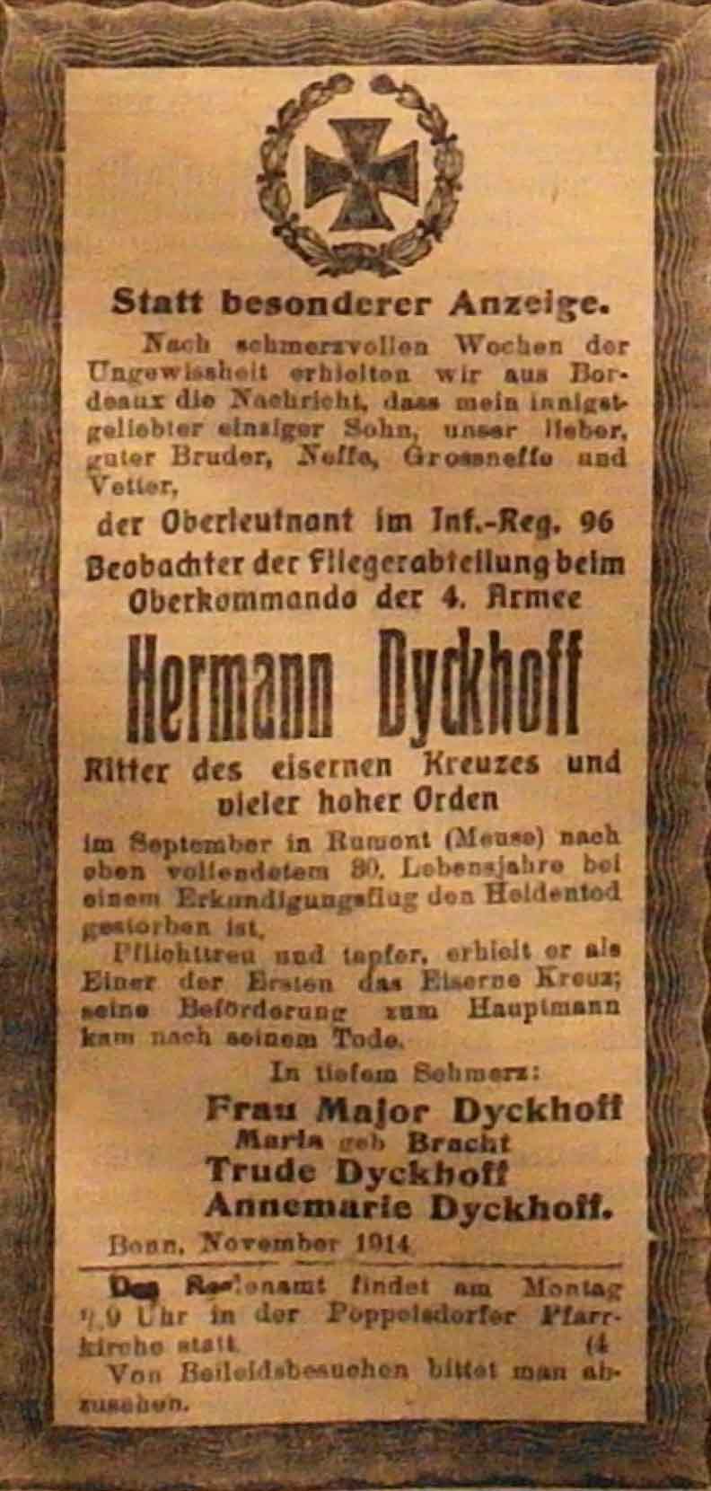 Anzeige im General-Anzeiger vom 19. November 1914
