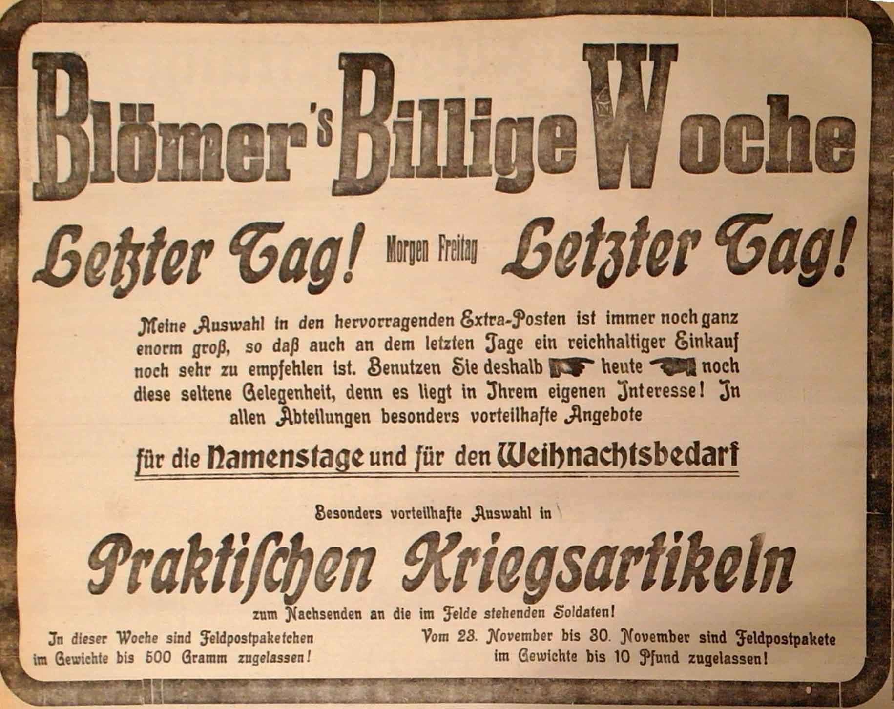 Anzeige in der Deutschen Reichs-Zeitung vom 20. November 1914