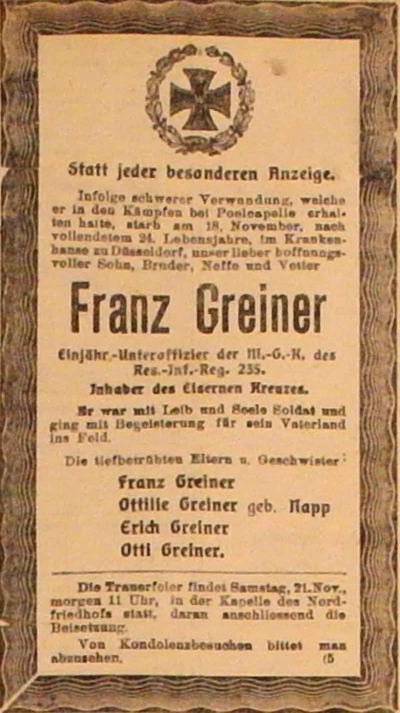 Anzeige im General-Anzeiger vom 20. November 1914