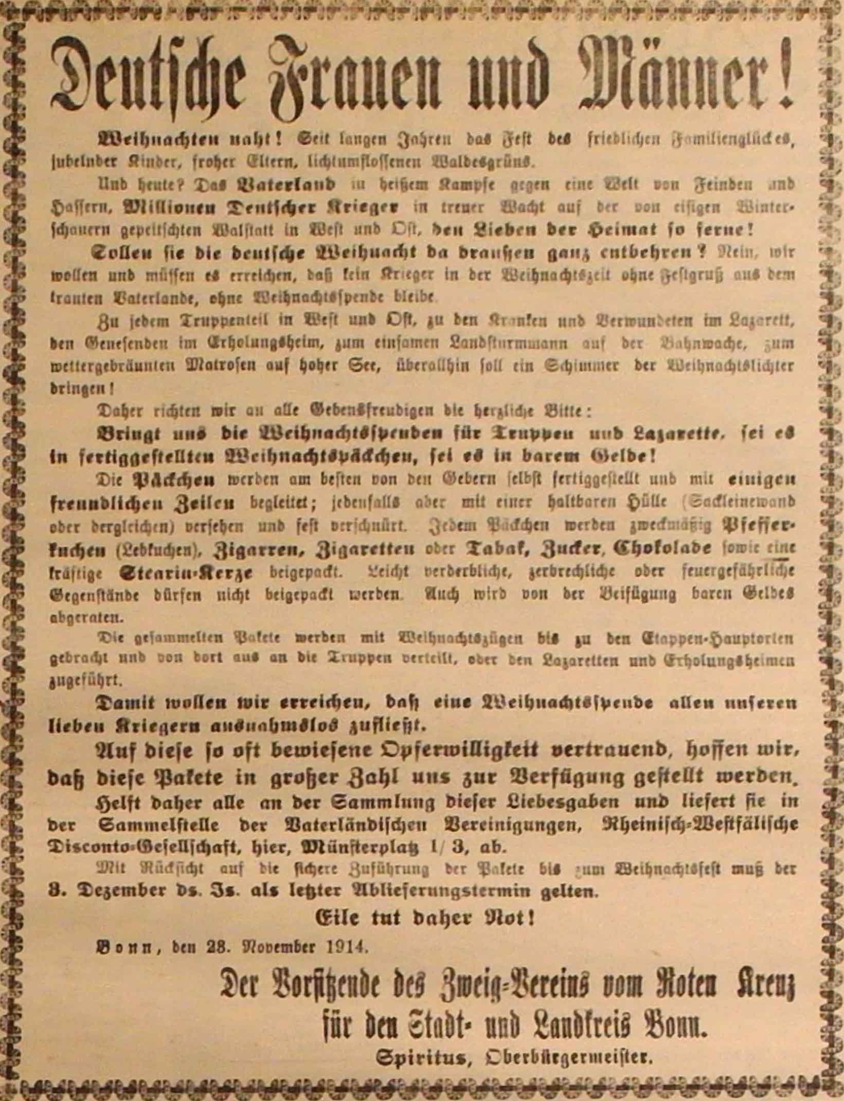 Anzeige in der Deutschen Reichs-Zeitung vom 24. November 1914