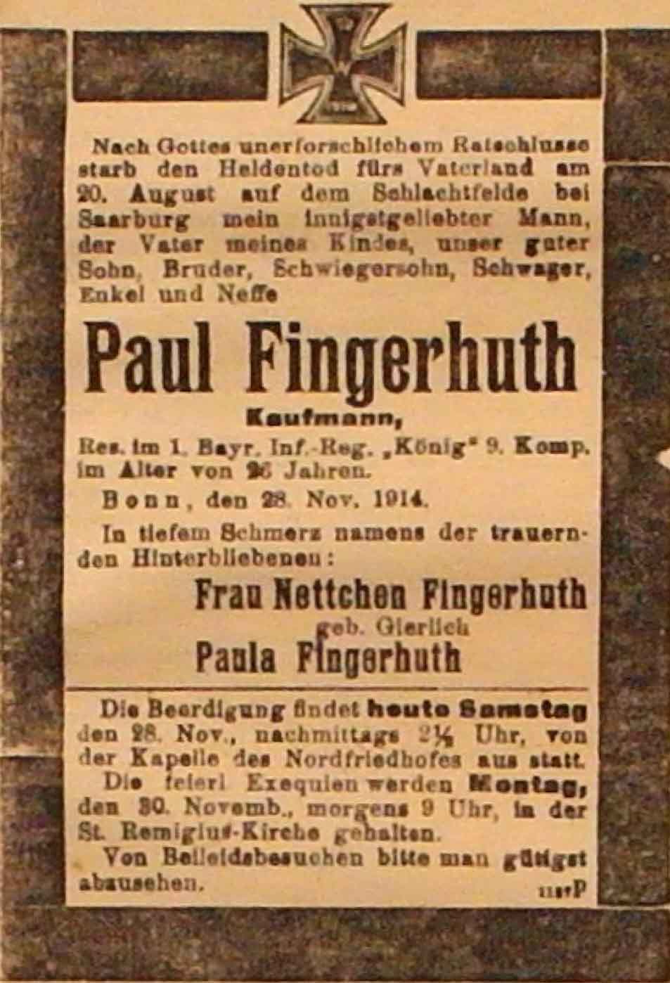 Anzeige in der Deutschen Reichs-Zeitung vom 28. November 1914