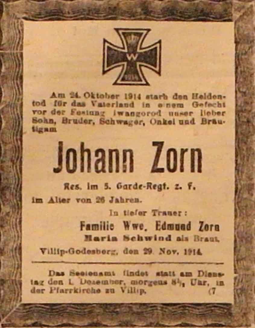Anzeige im General-Anzeiger vom 29. November 1914