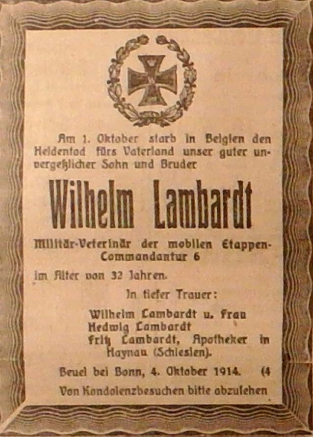Anzeige im General-Anzeiger vom 8. Oktober 1914