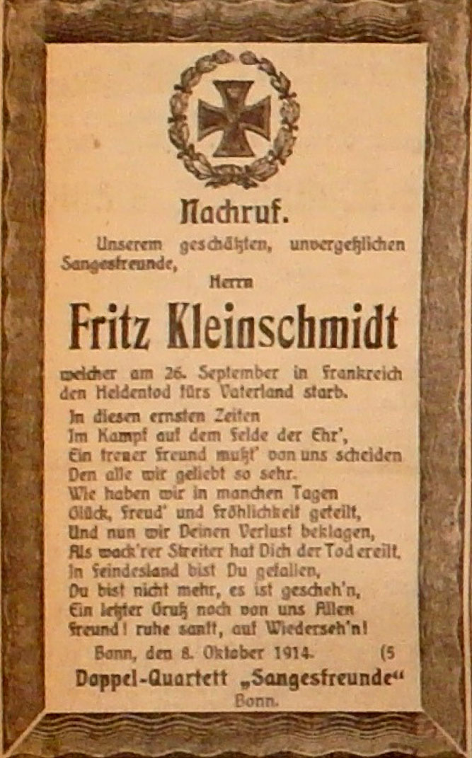 Anzeige im General-Anzeiger vom 9. Oktober 1914