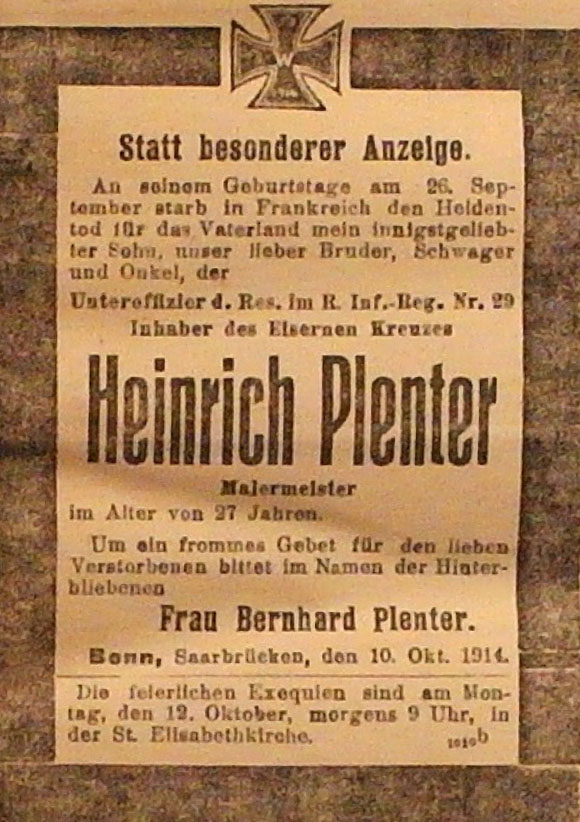 Anzeige in der Deutschen Reichs-Zeitung vom 11. Oktober 1914
