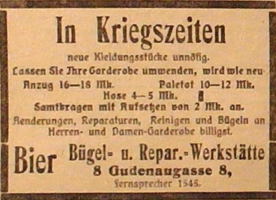 Anzeige im General-Anzeiger vom 14. Oktober 1914
