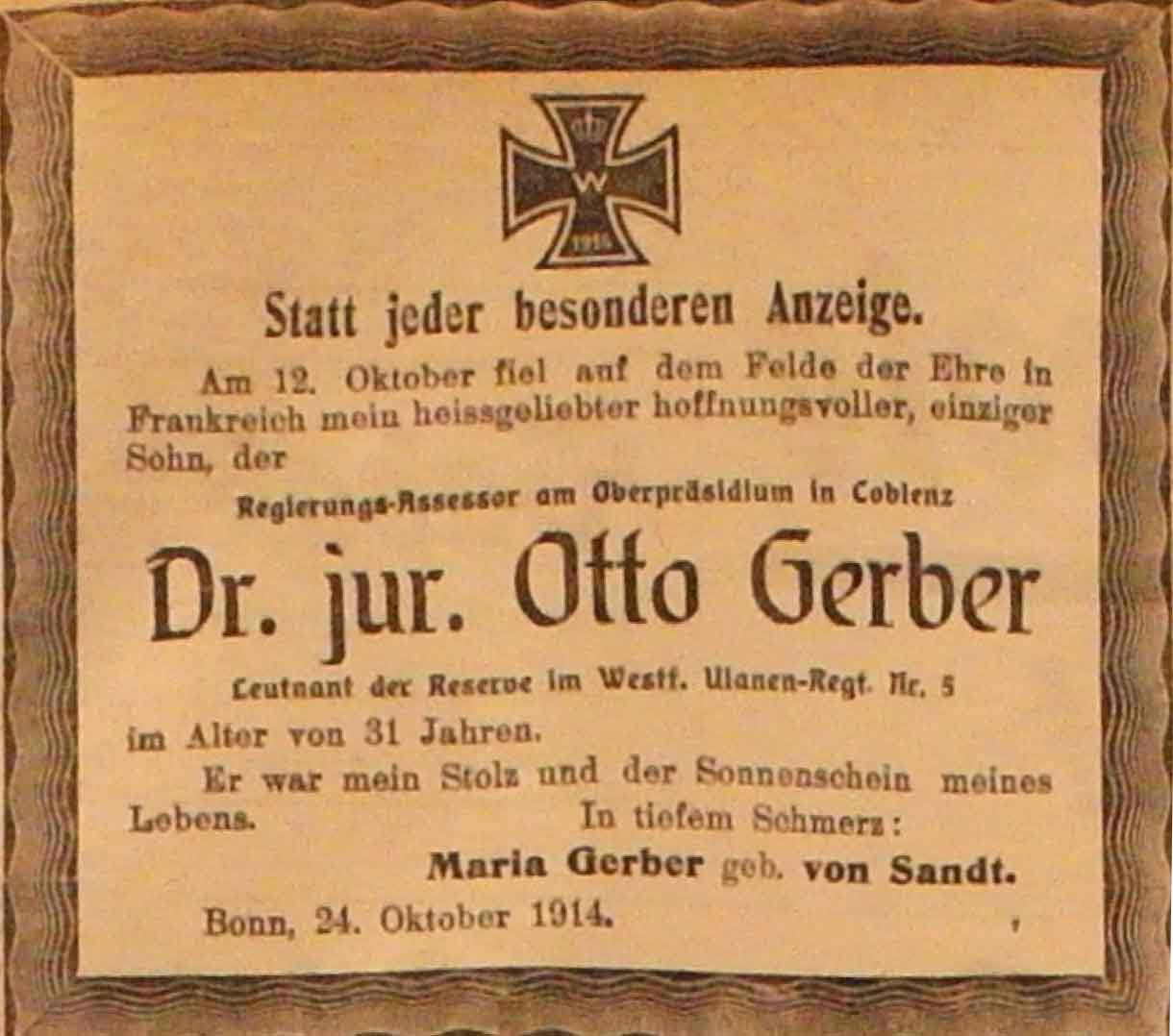 Anzeige im General-Anzeiger vom 25. Oktober 1914