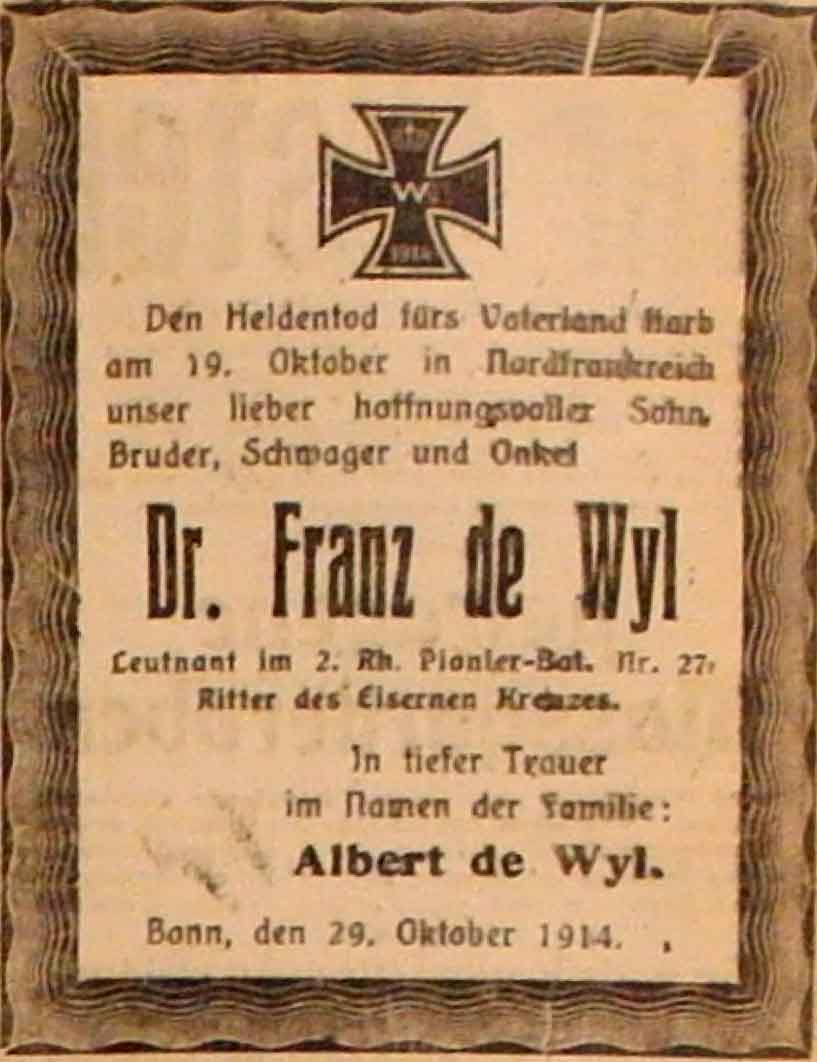 Anzeige im General-Anzeiger vom 30. Oktober 1914