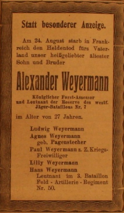 Anzeige im General-Anzeiger vom 2. September 1914