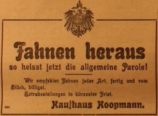 Anzeige in der Deutschen Reichszeitung vom 3. September 1914