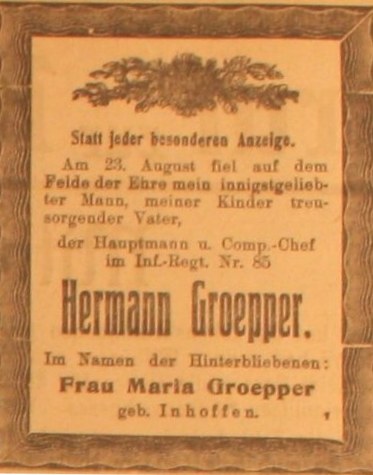 Anzeige im General-Anzeiger vom 6. September 1914