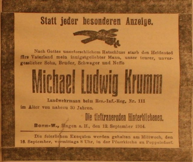 Anzeige in der Deutschen Reichszeitung vom 13. September 1914