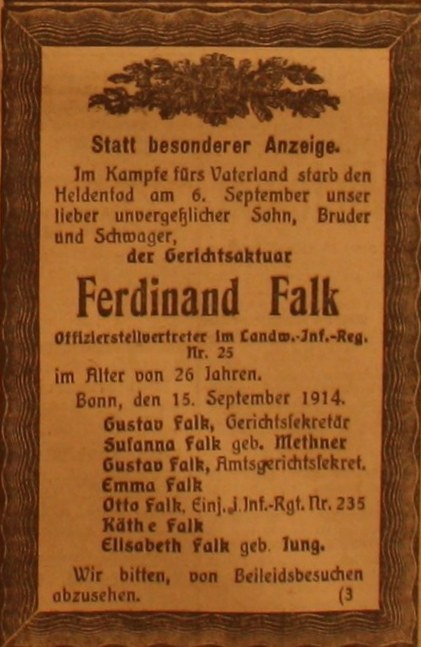 Anzeige im General-Anzeiger vom 16. September 1914