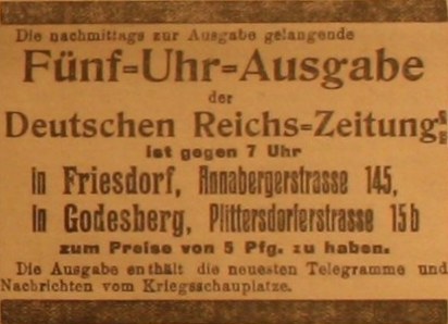 Anzeige in der Deutschen Reichszeitung vom 16. September 1914