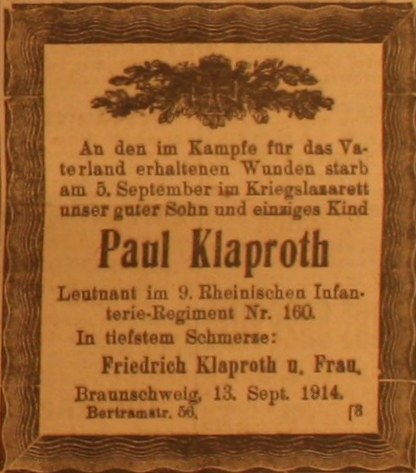 Anzeige im General-Anzeiger vom 16. September 1914