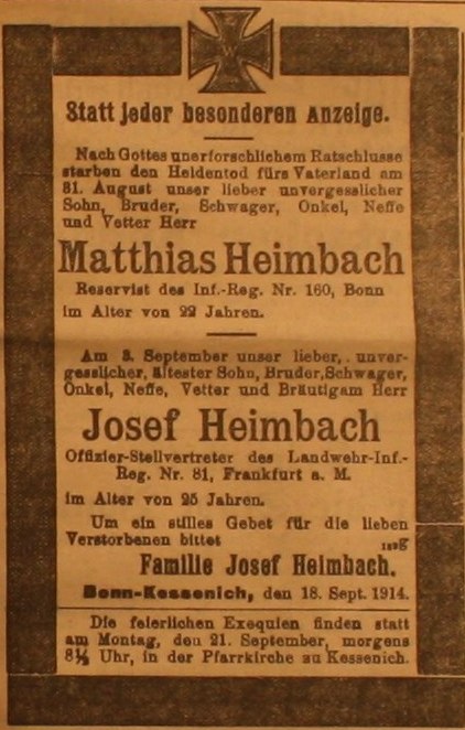 Anzeige in der Deutschen Reichszeitung vom 18. September 1914