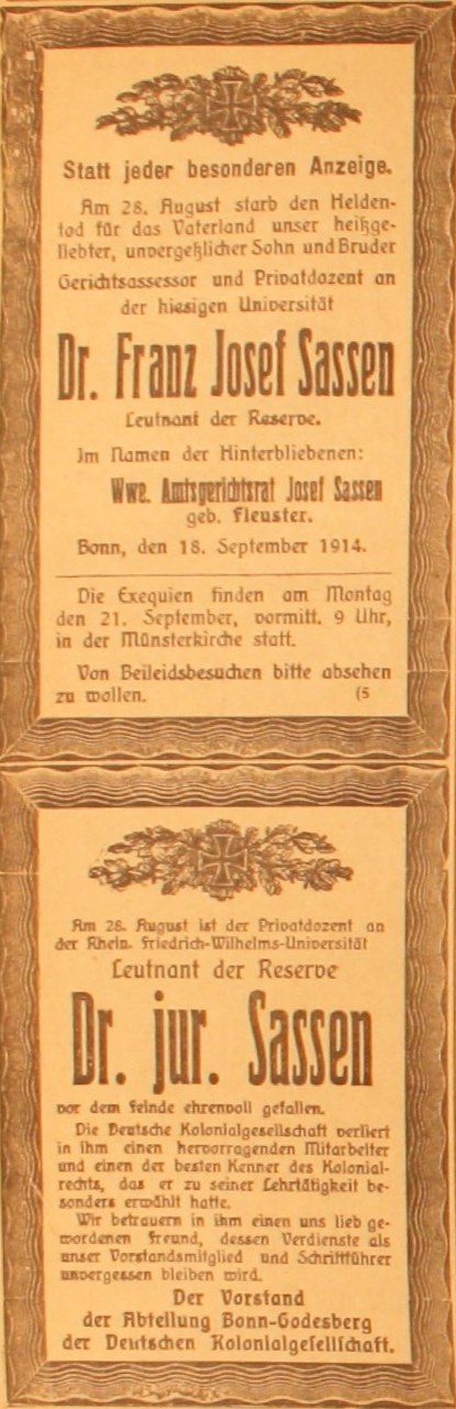 Anzeige im General-Anzeiger vom 18. September 1914