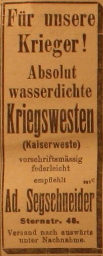 Anzeige in der Deutschen Reichszeitung vom 23. September 1914