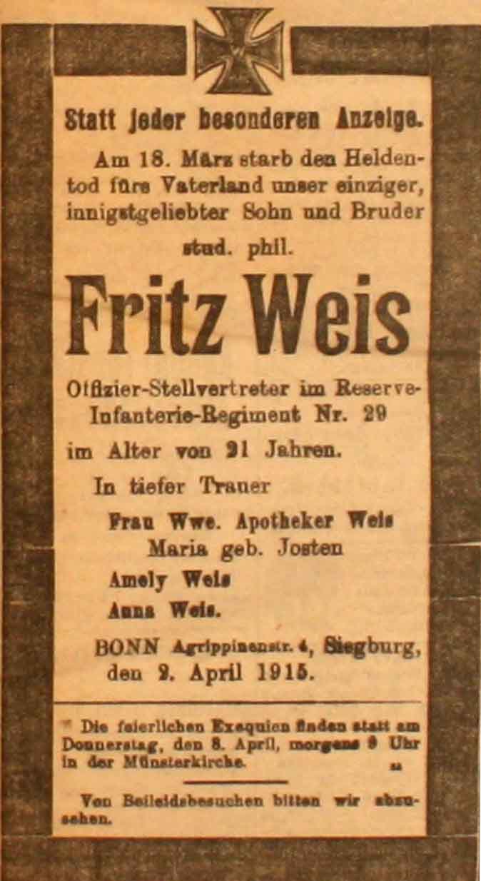 Anzeige in der Deutschen Reichs-Zeitung vom 3. April 1915