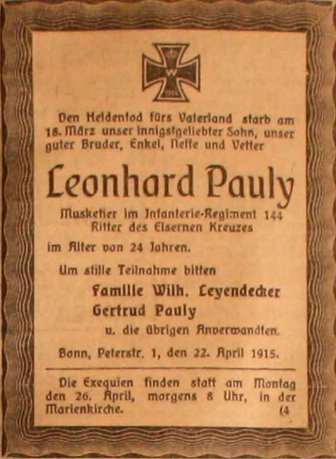 Anzeige im General-Anzeiger vom 22. April 1915