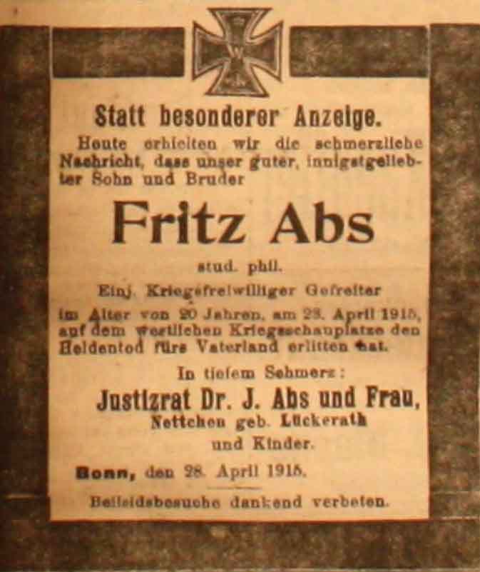 Anzeige in der Deutschen Reichs-Zeitung vom 29. April 1915
