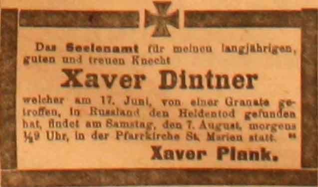 Anzeige in der Deutschen Reichs-Zeitung vom 6. August 1915