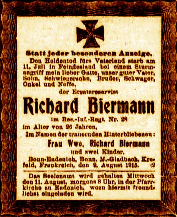 Anzeige im General-Anzeiger vom 10. August 1915