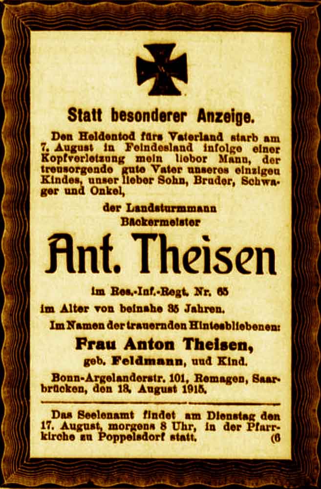 Anzeige im General-Anzeiger vom 14. August 1915