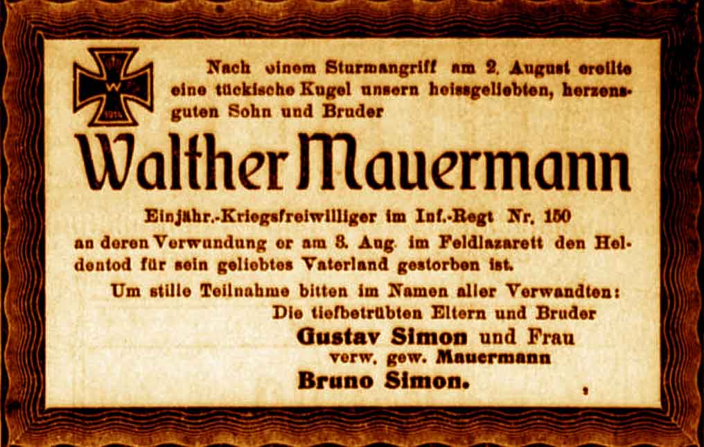 Anzeige im General-Anzeiger vom 17. August 1915