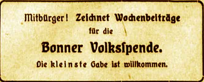 Anzeige in allen Bonner Zeitungen am 17. August 1915