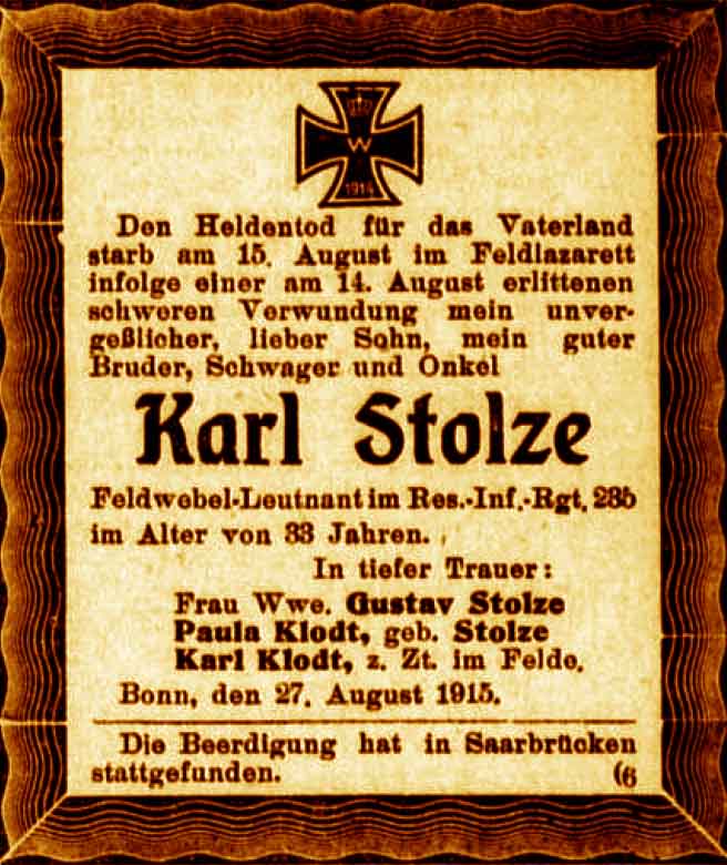 Anzeige im General-Anzeiger vom 28. August 1915