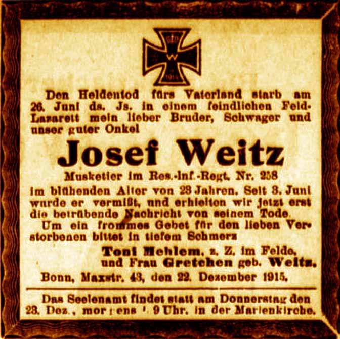 Anzeige im General-Anzeiger vom 22. Dezember 1915
