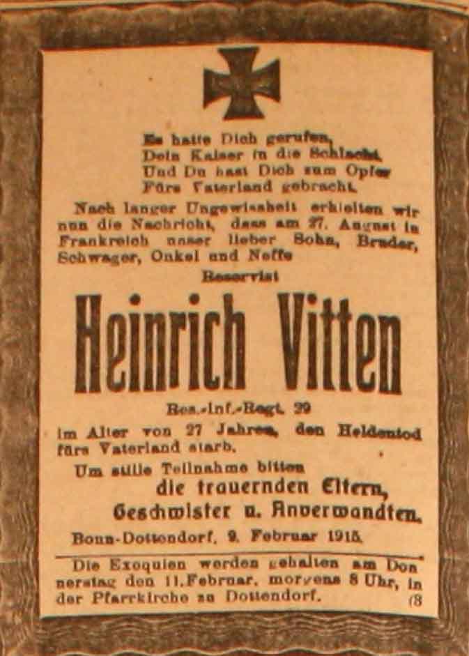 Anzeige im General-Anzeiger vom 10. Februar 1915