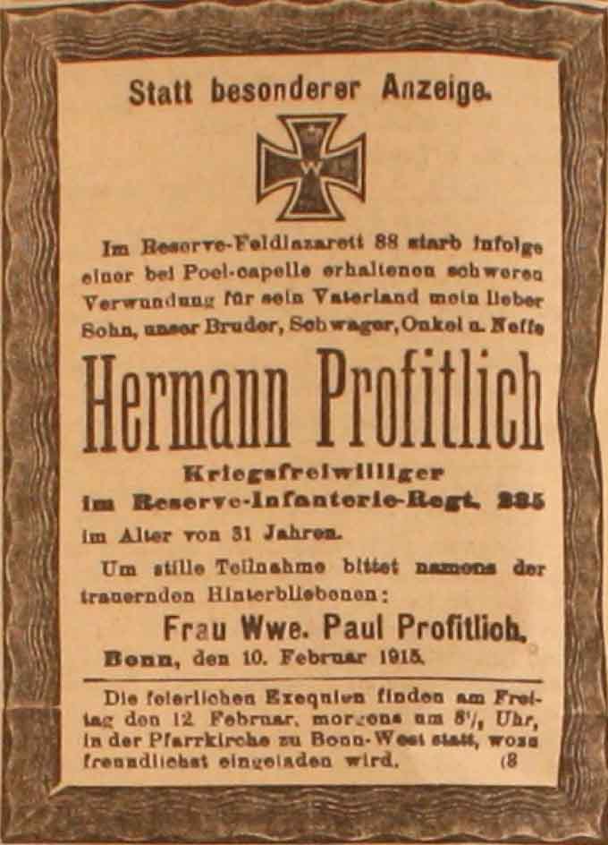 Anzeige im General-Anzeiger vom 10. Februar 1915