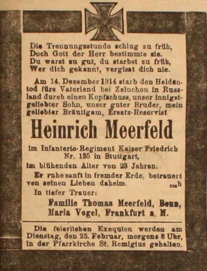 Anzeige in der Deutschen Reichs-Zeitung vom 21. Februar 1915