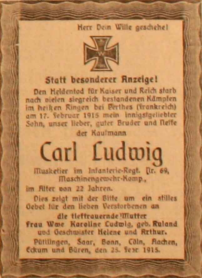 Anzeige im General-Anzeiger vom 27. Februar 1915