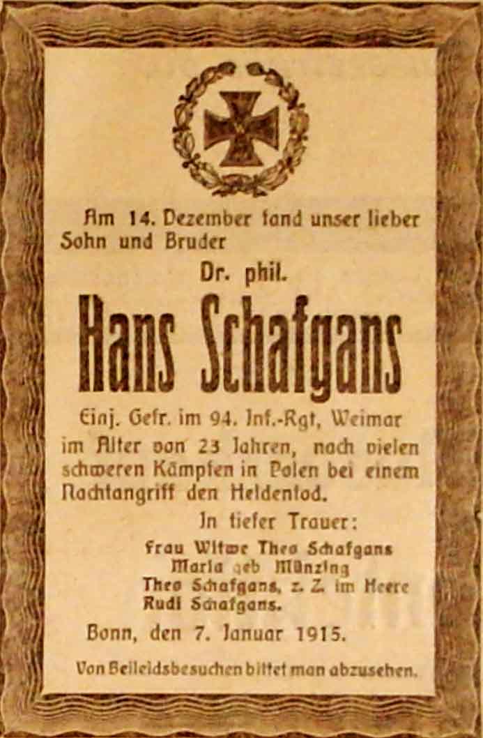Anzeige im General-Anzeiger vom 7. Januar 1915